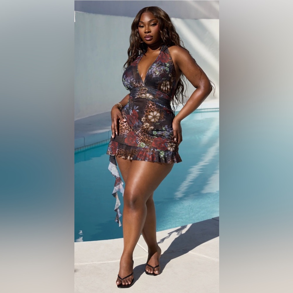 3 pc Floral and Leopard Print Swimsuit Set